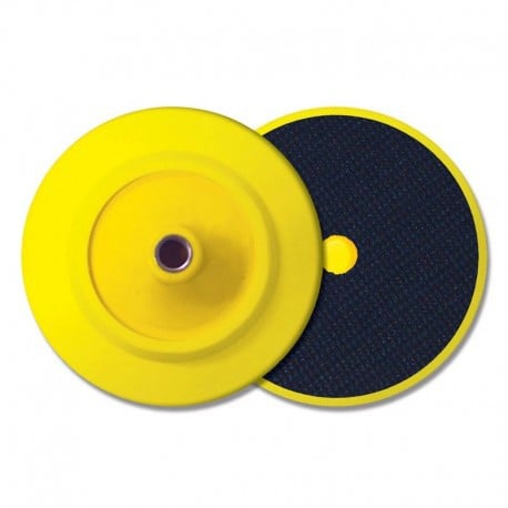 Two polishing pads, one yellow and one blue, on a white background.