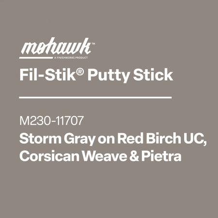 Product label for Mohawk Fil-Stik Putty Stick with color and weave information on a gray background