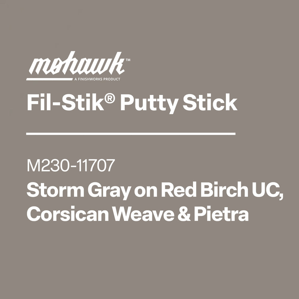 Product label for Mohawk Fil-Stik Putty Stick with color and weave information on a gray background