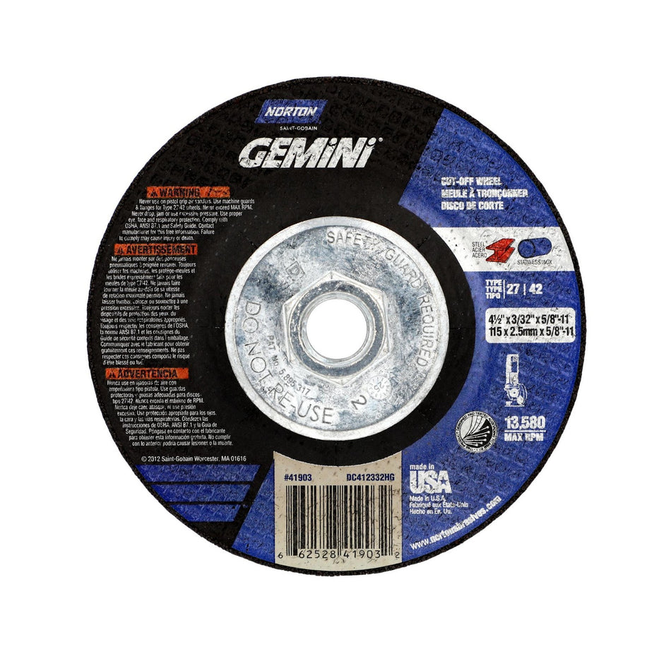 Norton 4-1/2 in x 3/32 in x 5/8 in-11 Gemini Type 42 Cut-Off Wheel AO 30 Grit Q, 10-Pack