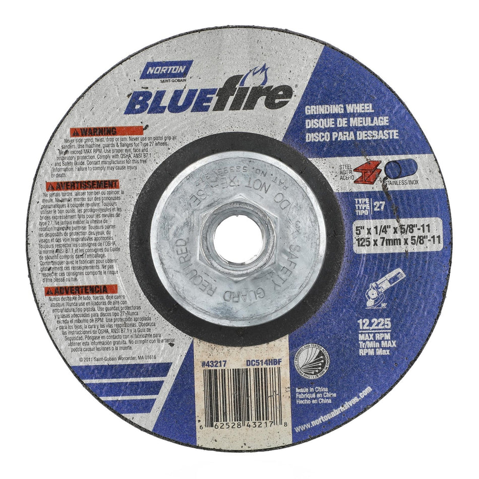 Norton 5 in x 1/4 in x 5/8 in-11 BlueFire Type 27 Grinding Wheel ZA 24 Grit S, 10-Pack