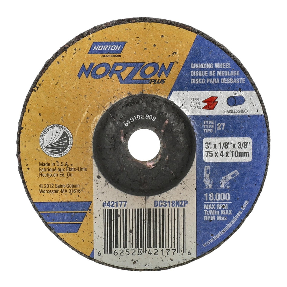 Norton 3 x 1/8 in NorZon Plus Type 27 Grinding Wheel CA 24 Grit S, 25-Pack