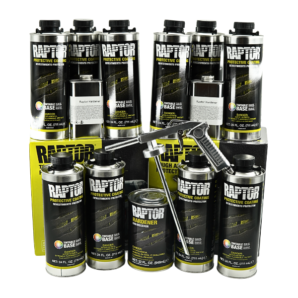 Collection of Raptor protective coating products on a white background