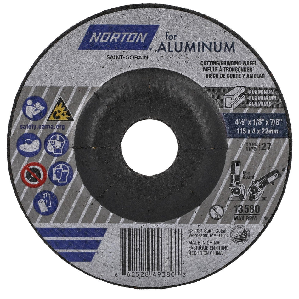 Norton 4-1/2 x 1/8 x 7/8 in Type 27 Grinding Wheel AO 20 Grit P, 25-Pack