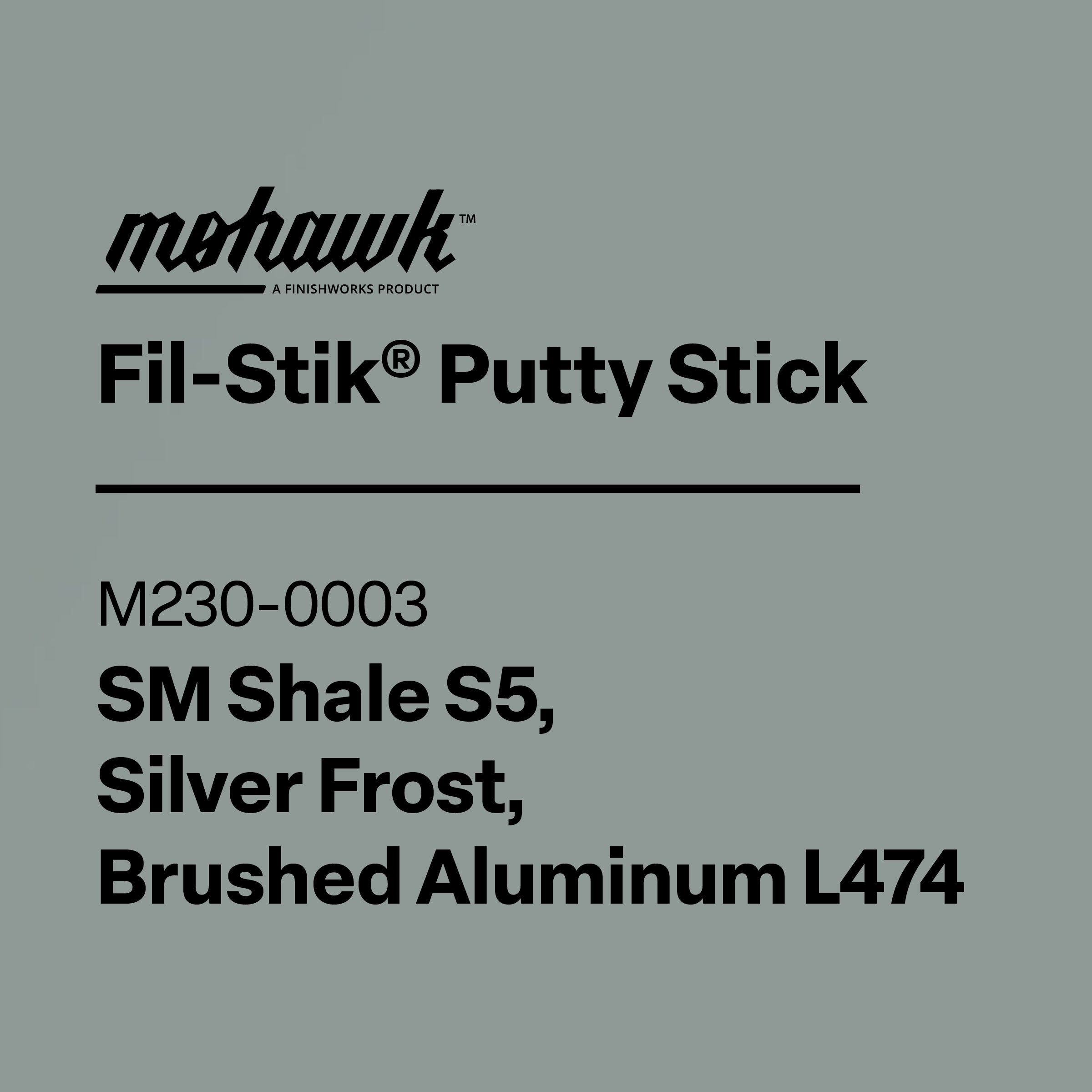 Product label for Mohawk Fil-Stik Putty Stick with color specifications on a gray background