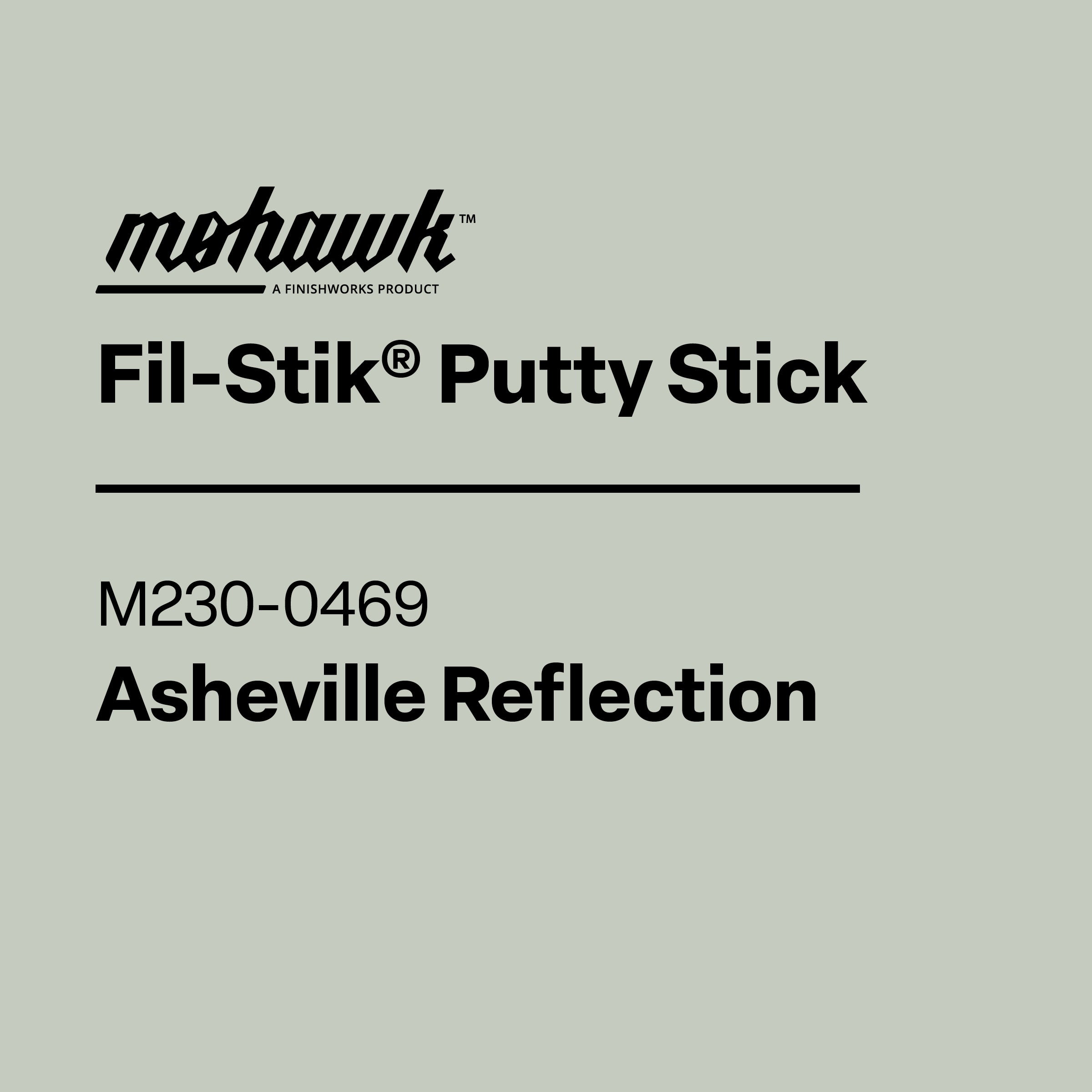 Product label for Mohawk Fil-Stik Putty Stick with color code M230-0469 and name Asheville Reflection on a gray background.