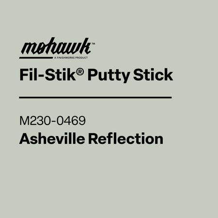 Product label for Mohawk Fil-Stik Putty Stick with color code M230-0469 and name Asheville Reflection on a gray background.