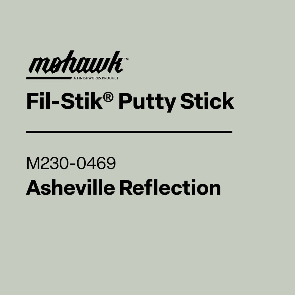 Product label for Mohawk Fil-Stik Putty Stick with color code M230-0469 and name Asheville Reflection on a gray background.