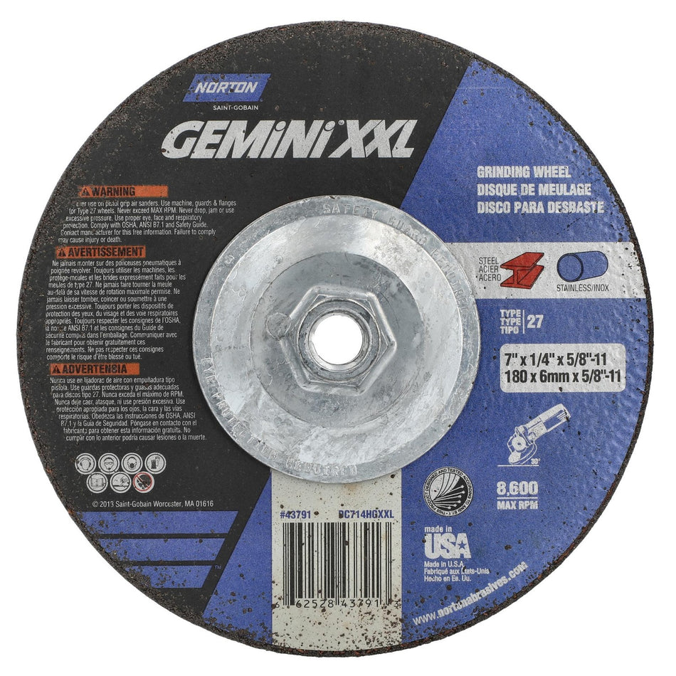 Norton 7 in x 1/4 in x 5/8 in-11 Gemini XXL Type 27 Grinding Wheel AO 24 Grit S, 10-Pack