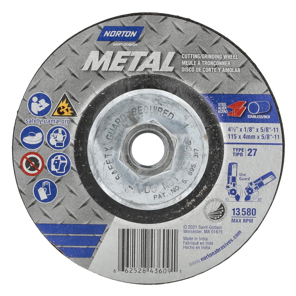 Norton 4-1/2 in x 1/8 in x 5/8 in-11 Metal Type 27 Grinding Wheel AO 24 Grit T B, 10-Pack
