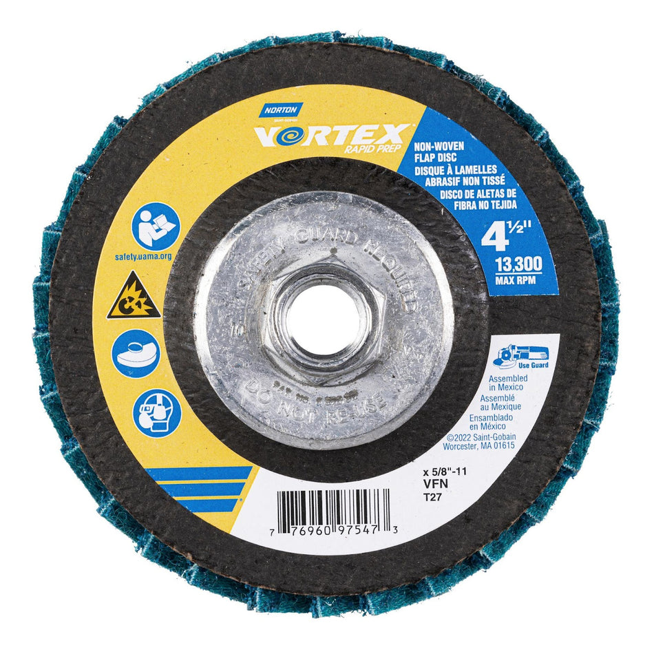 Norton 4-1/2 in Vortex Rapid Prep Fiberglass Non-Woven Flat Flap Disc Arbor Thread Type 27 Very Fine Grit Aluminum Oxide, 10-Pack