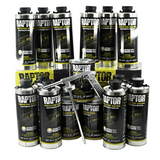 Collection of Raptor protective coating cans with a spray gun on a white background