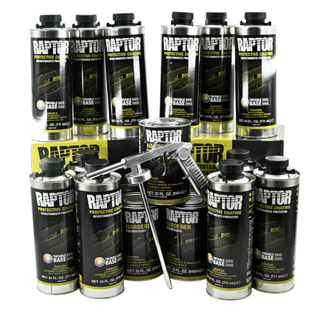 Collection of Raptor protective coating cans with a spray gun on a white background