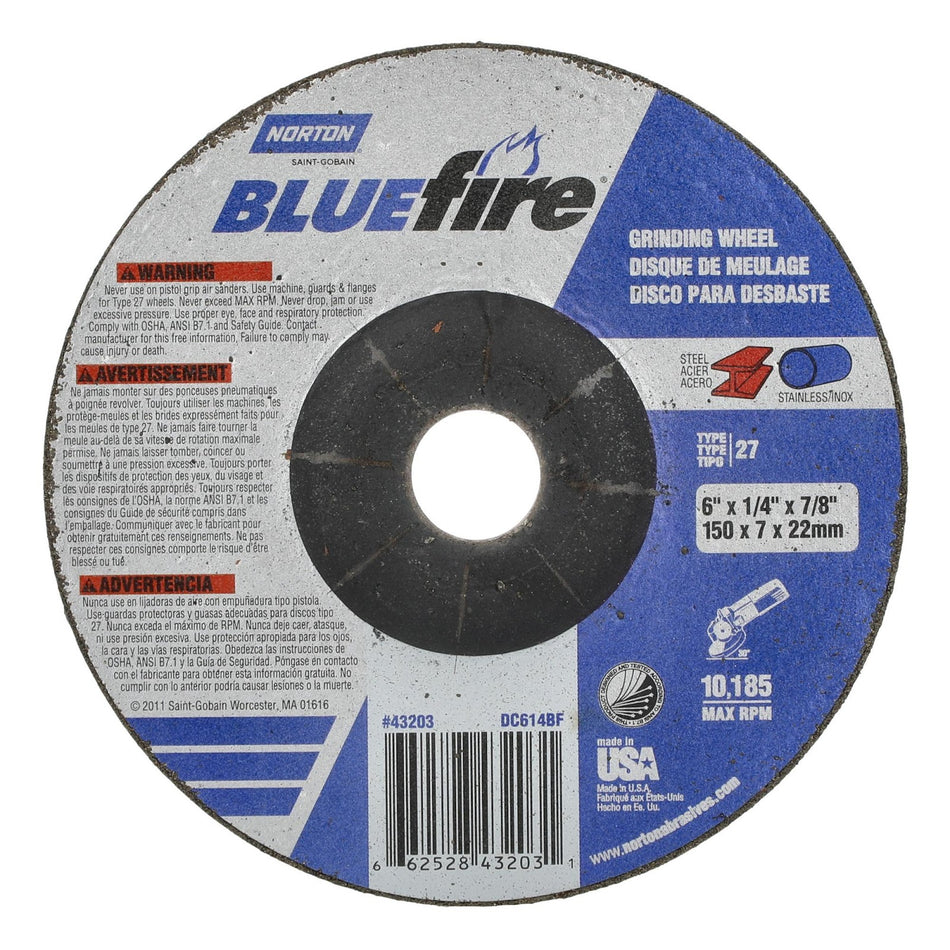 Norton 6 x 1/4 x 7/8 in BlueFire Type 27 Grinding Wheel ZA 24 Grit S, 20-Pack