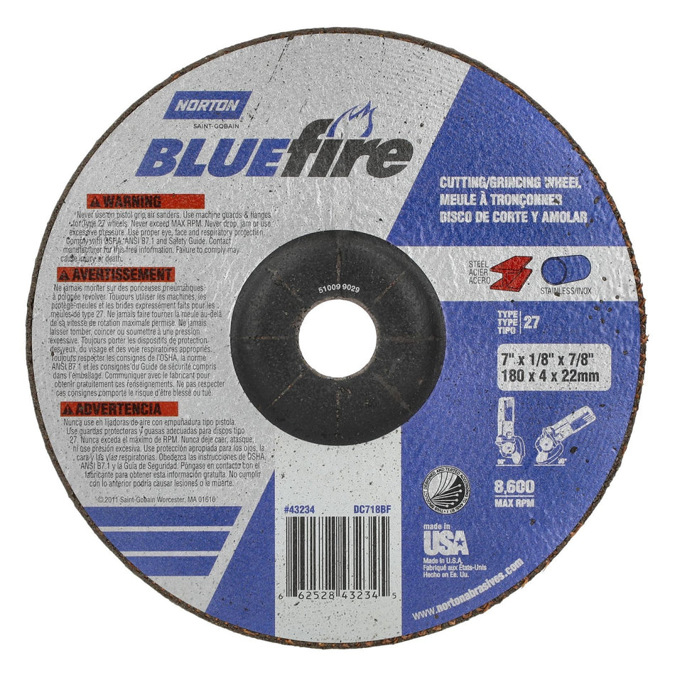 Norton 7 x 1/8 in BlueFire Type 27 Grinding Wheel ZA 30 Grit U, 20-Pack