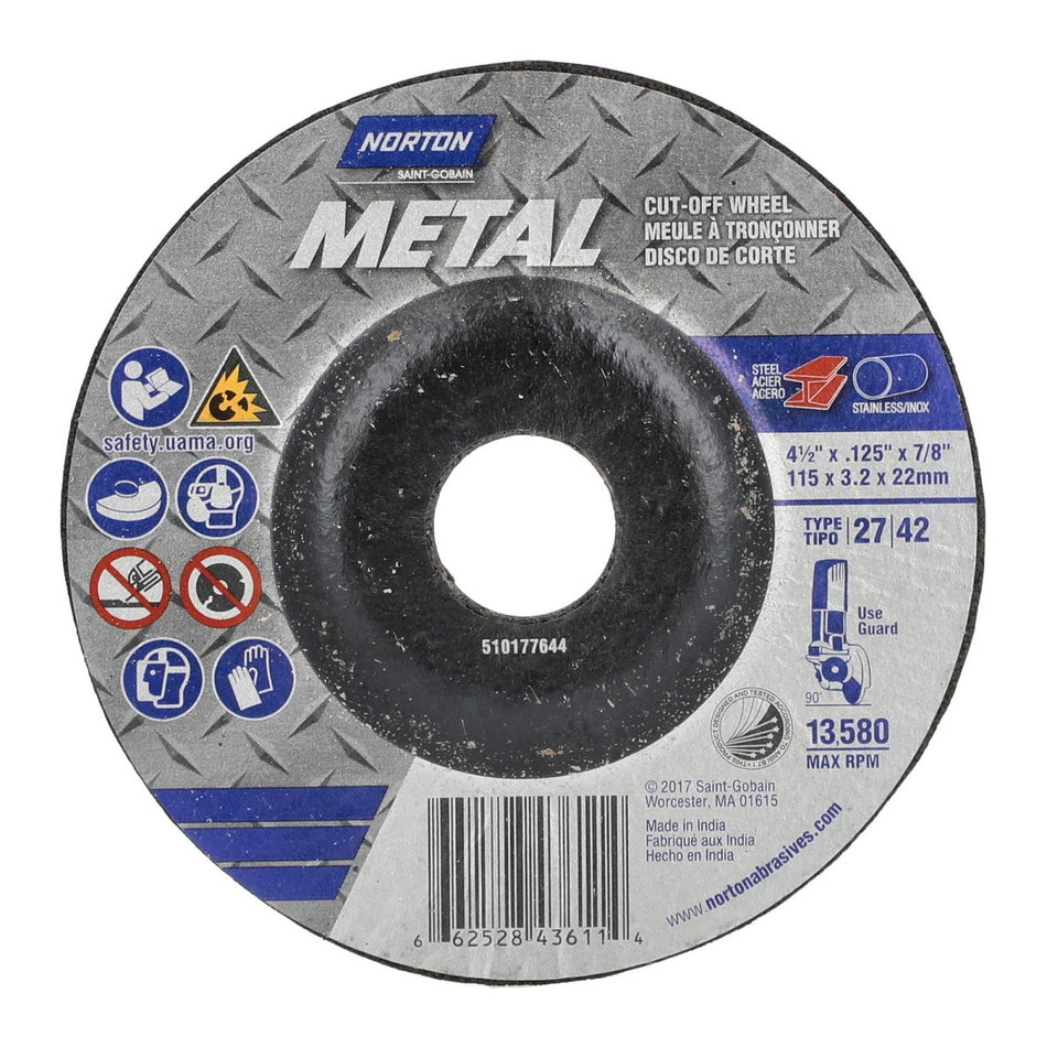 Norton 4-1/2 x 1/8 x 7/8 in Metal Type 27 Grinding Wheel AO 24 Grit Q B, 25-Pack