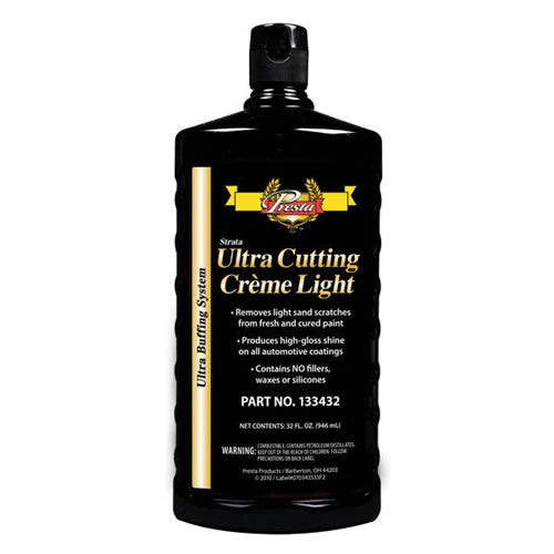 A container of Presta Ultra Cutting Cream Light with label information detailing the product's use for removing light defects and providing a high gloss shine on vehicle finishes.
