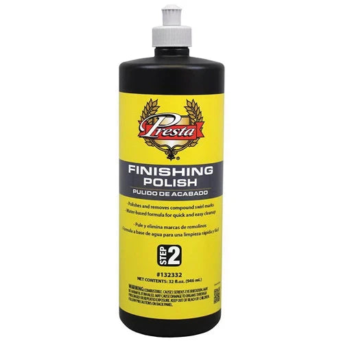 A bottle of Presta Finishing Polish for vehicle detailing.