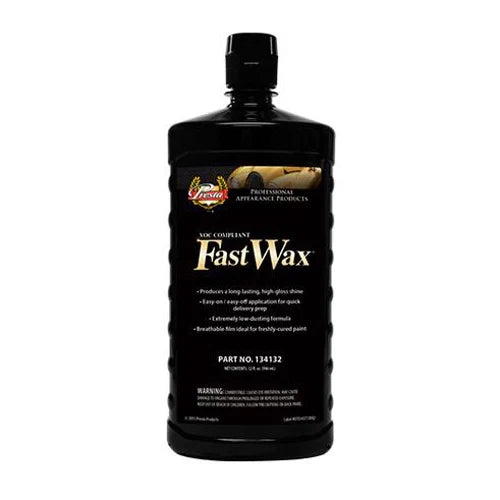 A black bottle of Presta Fast Wax with product information and branding on the label.