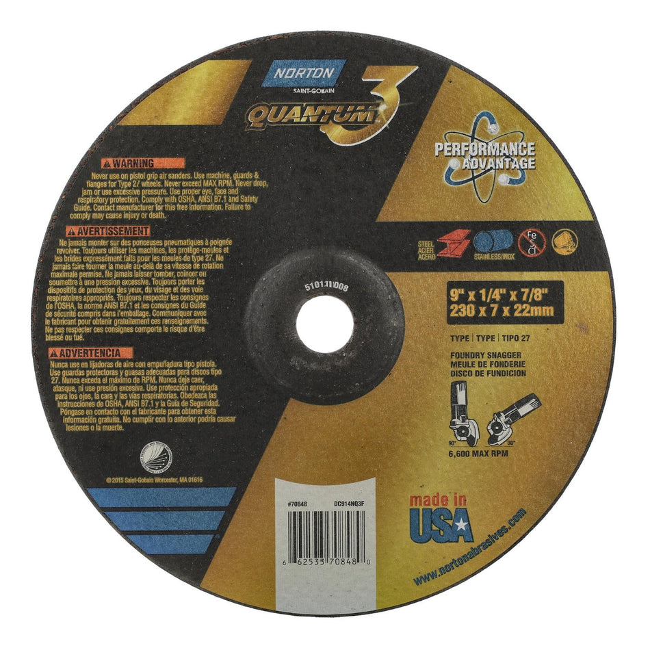 Norton 9 x 1/4 x 7/8 in Quantum3 Type 27 Grinding Wheel CA 20 Grit T, 20-Pack