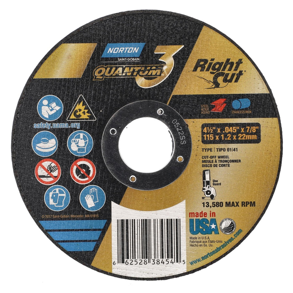 Norton 4-1/2 x 0.045 in Quantum3 Type 41 Cut-Off Wheel CA 36 Grit V, 25-Pack