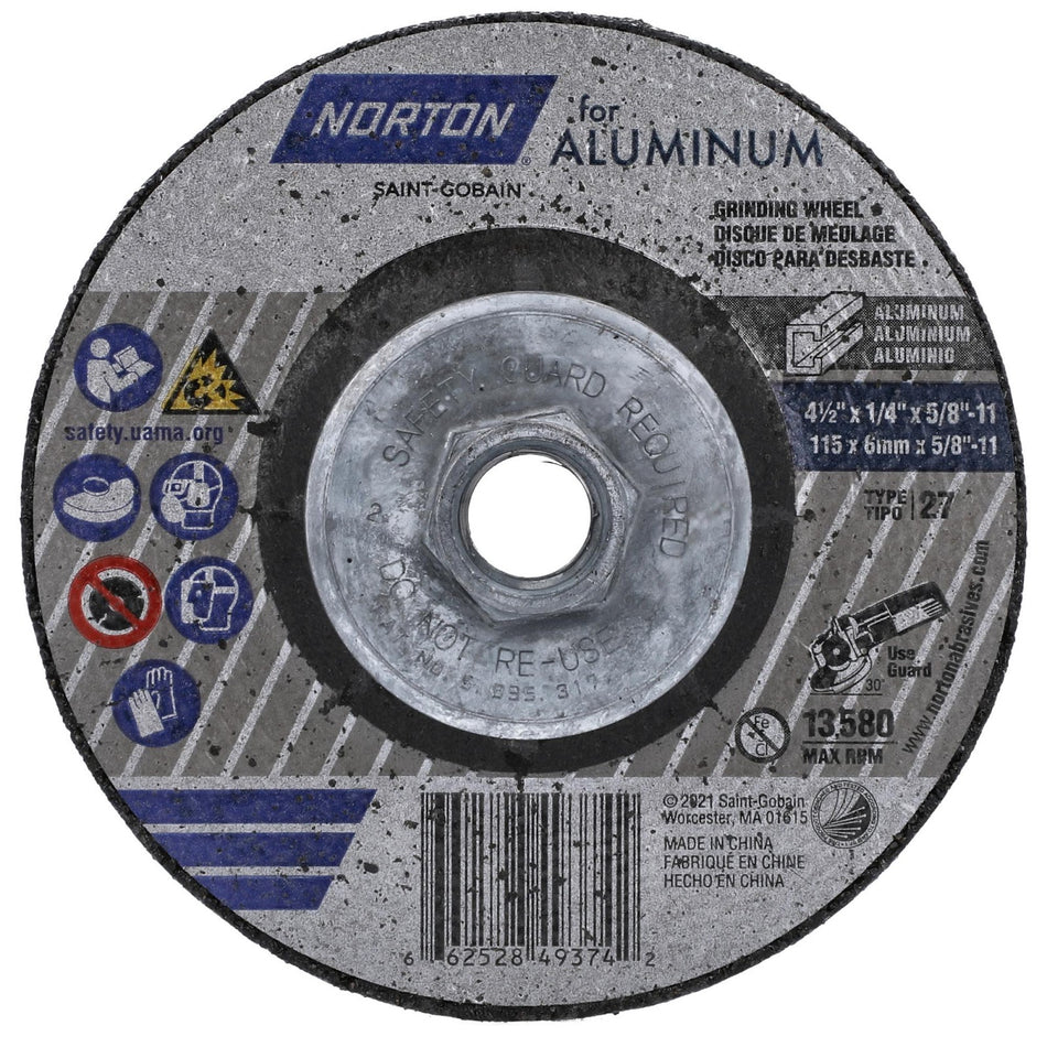 Norton 4-1/2 x 1/4 x 5/8 in Type 27 Grinding Wheel AO 20 Grit P, 10-Pack