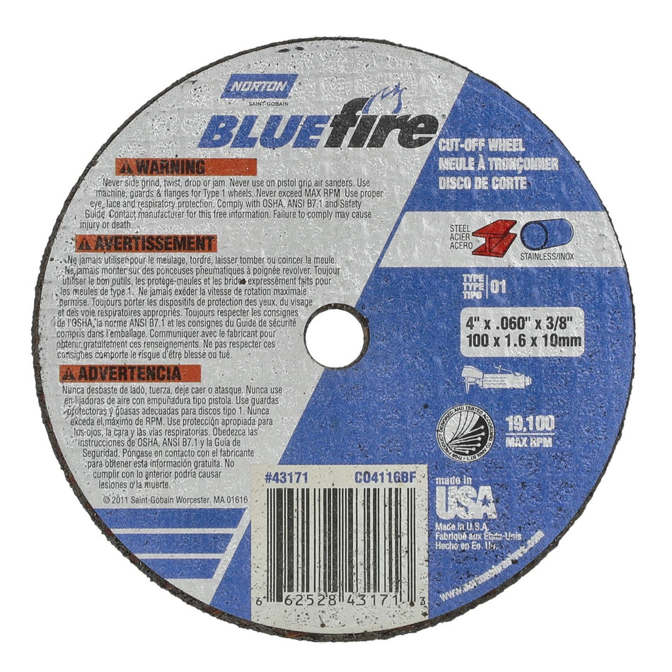 Norton 4 x 1/16 in BlueFire Type 41 Cut-Off Wheel ZA 46 Grit X, 25-Pack