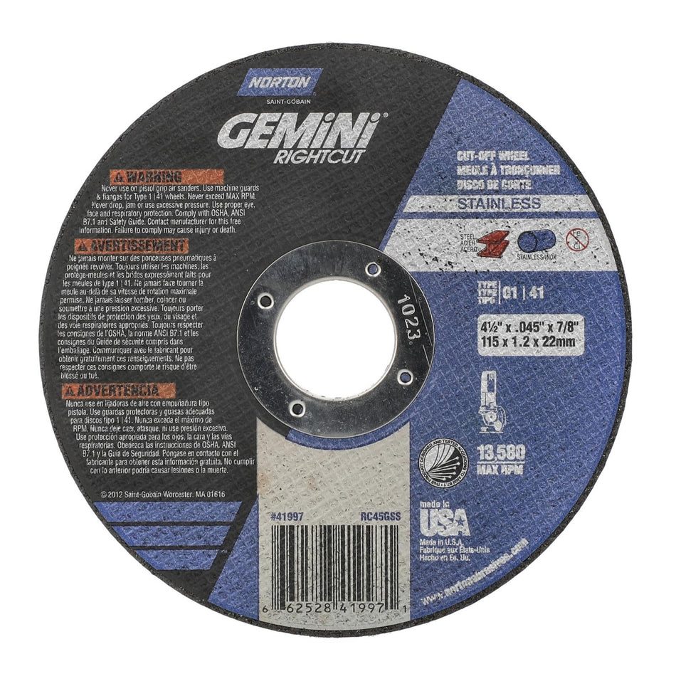 Norton 4-1/2 x 0.045 in Gemini Type 41 Cut-Off Wheel AO 36 Grit Q, 25-Pack