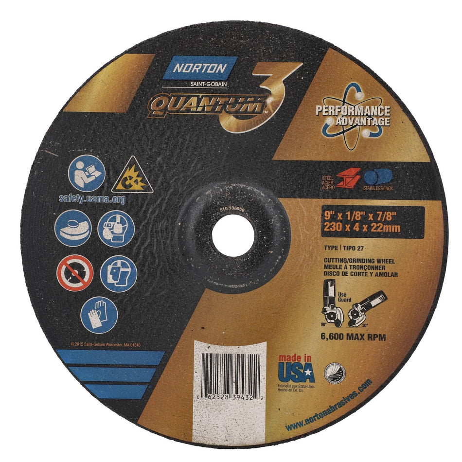 Norton 9 x 1/8 x 7/8 in Quantum3 Type 27 Grinding Wheel CA 24 Grit U, 20-Pack