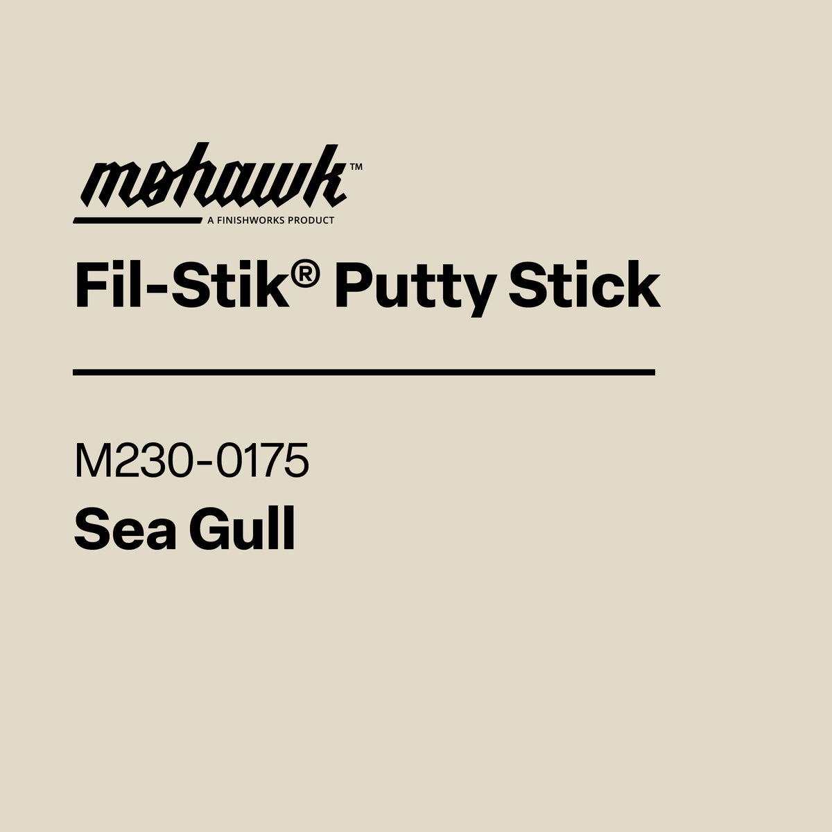 Product label for Mohawk Fil-Stik Putty Stick in Soft Cream color on a beige background