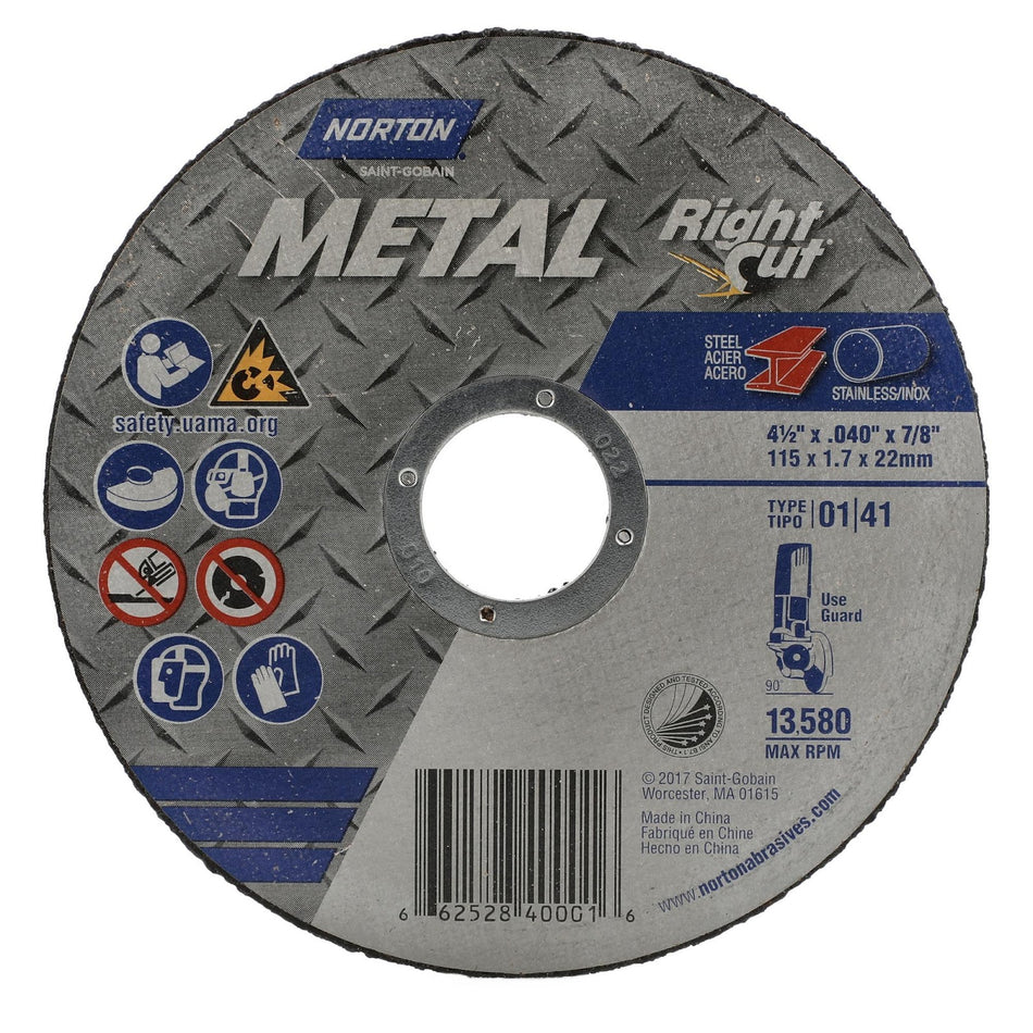 Norton 4-1/2 x 0.045 x 7/8 in Metal Type 41 Cut-Off Wheel AO 36 Grit Q B, 250-Pack