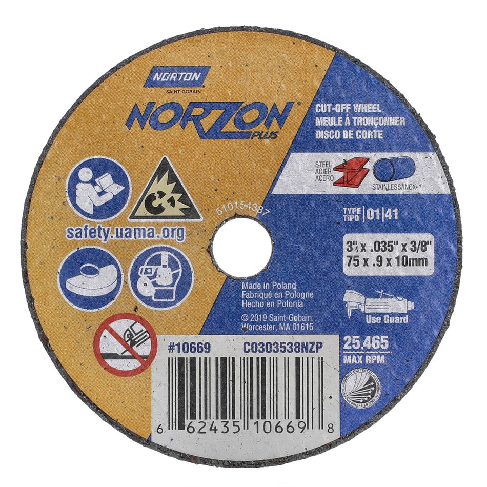 Norton 3 x 0.035 x 3/8 in NorZon Plus Type 41 Cut-Off Wheel CA 60 Grit T, 25-Pack