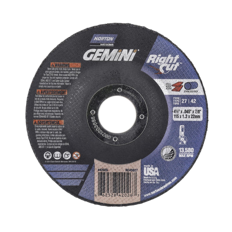 Norton 4-1/2 x 0.045 x 7/8 in Gemini Type 42 Cut-Off Wheel AO 46 Grit R, 25-Pack