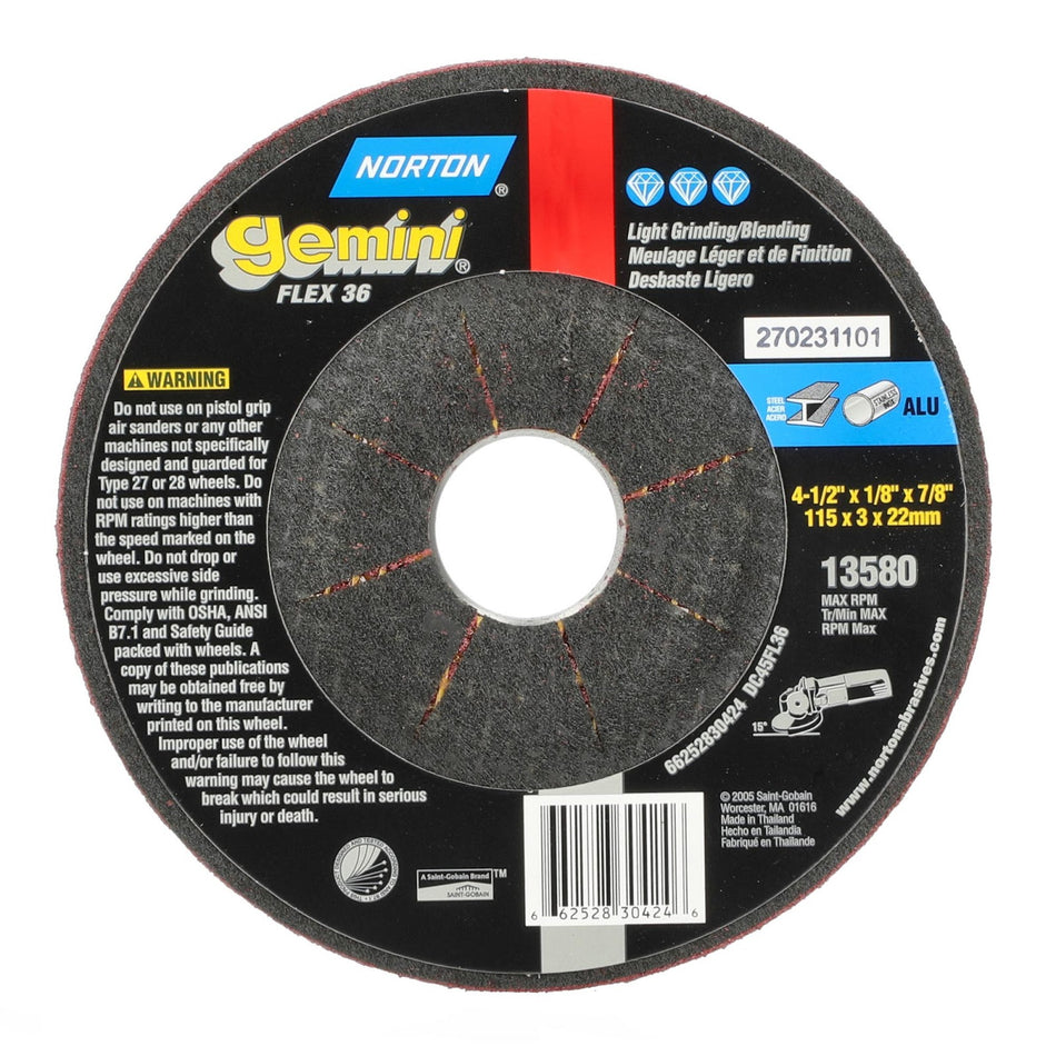 Norton 4-1/2 x 1/8 x 7/8 in Gemini Type 27 Grinding Wheel AO 36 Grit P, 20-Pack
