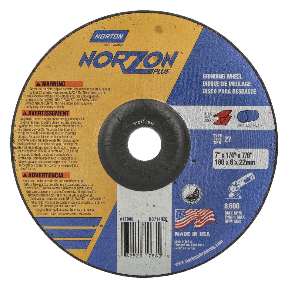 Norton 7 x 1/4 x 7/8 in NorZon Plus Type 27 Grinding Wheel CA 20 Grit Q, 20-Pack