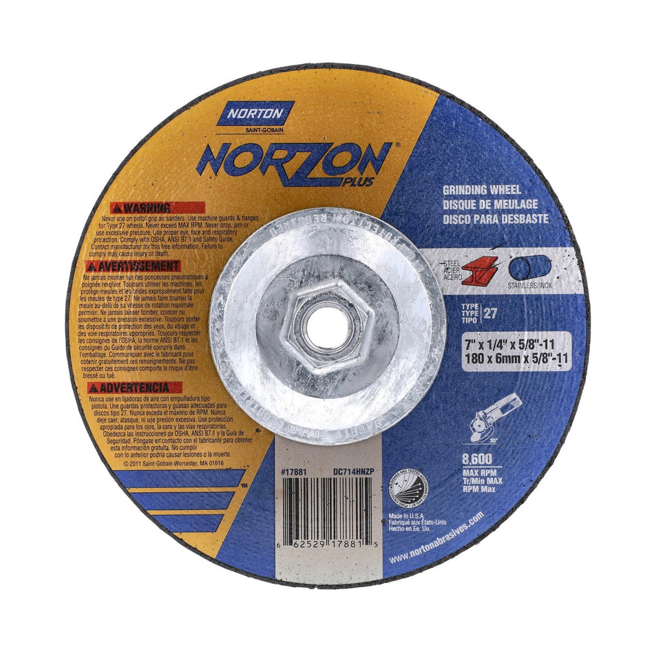 Norton 7 x 1/4 in NorZon Plus Type 27 Grinding Wheel CA 20 Grit Q, 10-Pack