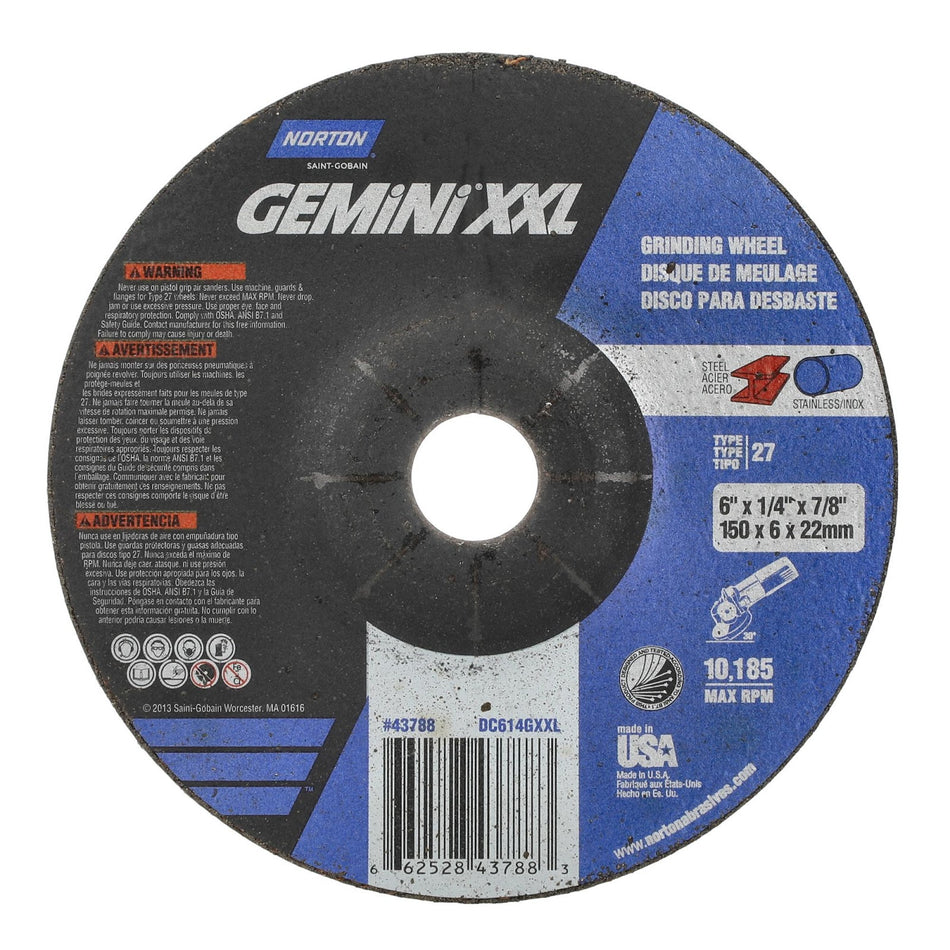 Norton 6 x 1/4 x 7/8 in Gemini XXL Type 27 Grinding Wheel AO 24 Grit S, 20-Pack
