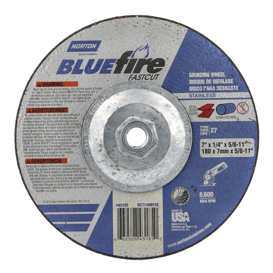 Norton 7 in x 1/4 in x 5/8 in-11 BlueFire Type 27 Grinding Wheel ZA 24 Grit S, 10-Pack