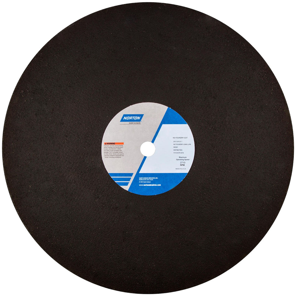 Norton 20 x 3/16 x 1 in NorZon Type 41 Reinforced Cut-Off Wheel ZA 24 Grit Y B65B, 10-Pack