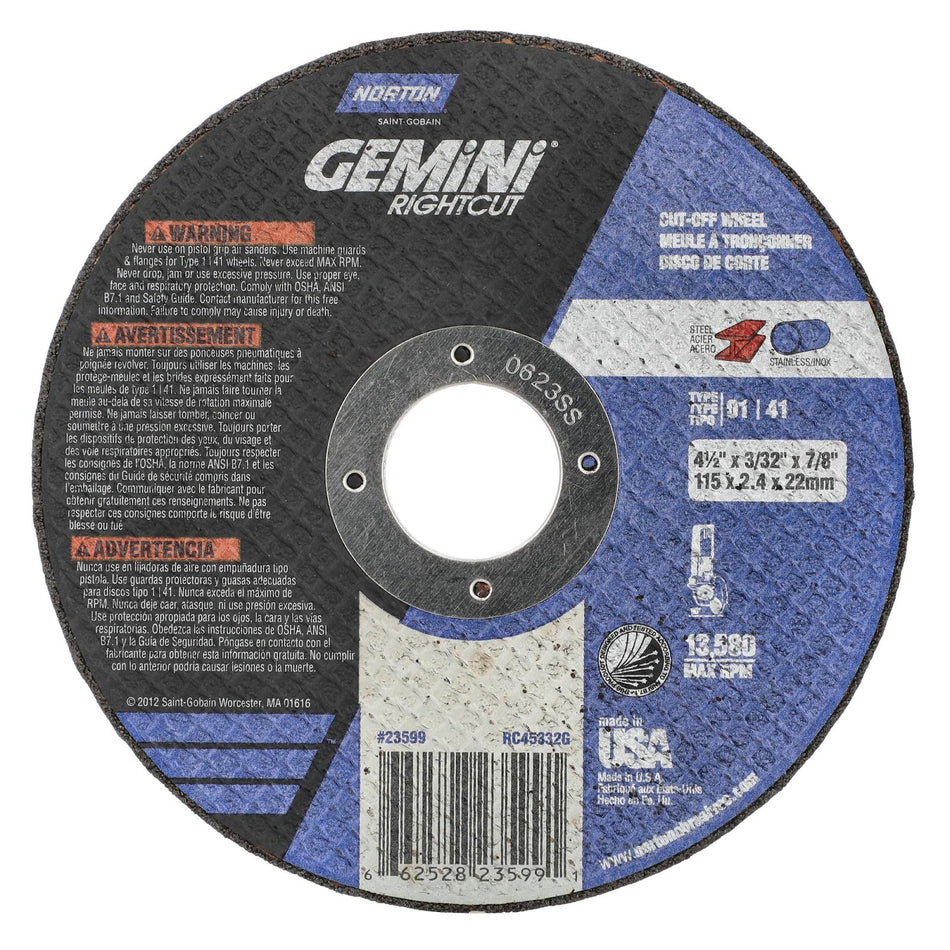 Norton 4-1/2 x 3/32 x 7/8 in Gemini Type 41 Cut-Off Wheel AO 46 Grit Q, 25-Pack