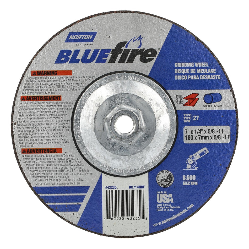 Norton 7 x 1/4 in BlueFire Type 27 Grinding Wheel ZA 24 Grit S, 10-Pack