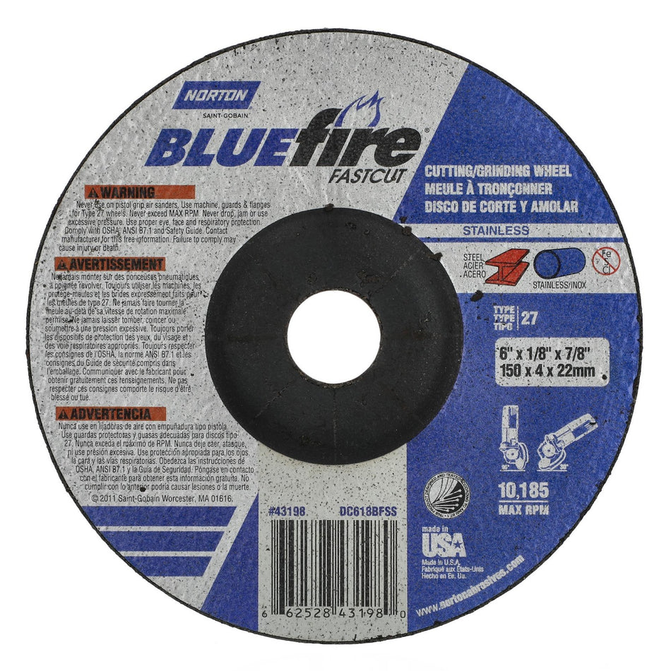 Norton 6 x 1/8 in BlueFire Type 27 Grinding Wheel ZA 30 Grit U, 20-Pack
