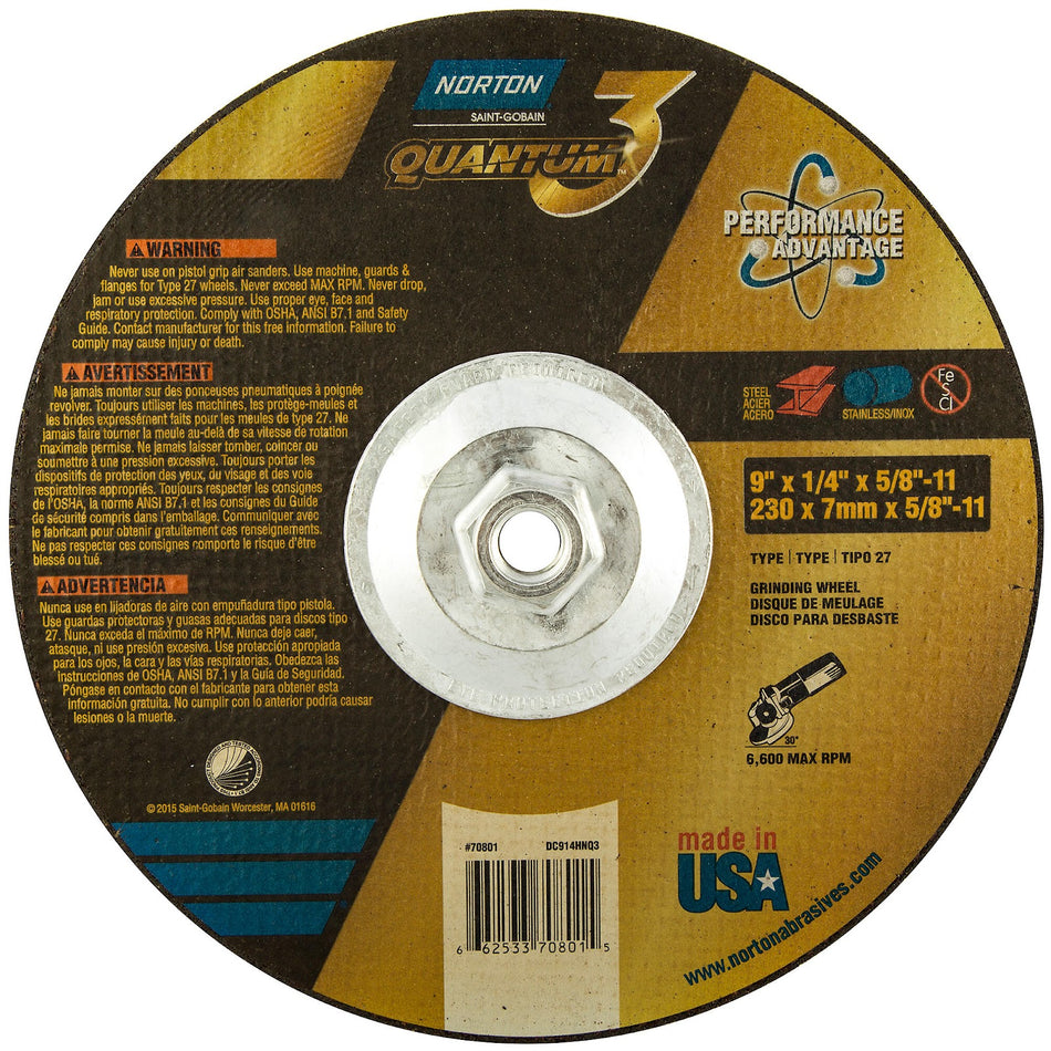 Norton 9 in x 1/4 in x 5/8 in-11 Quantum3 Type 27 Grinding Wheel CA 20 Grit Q, 10-Pack