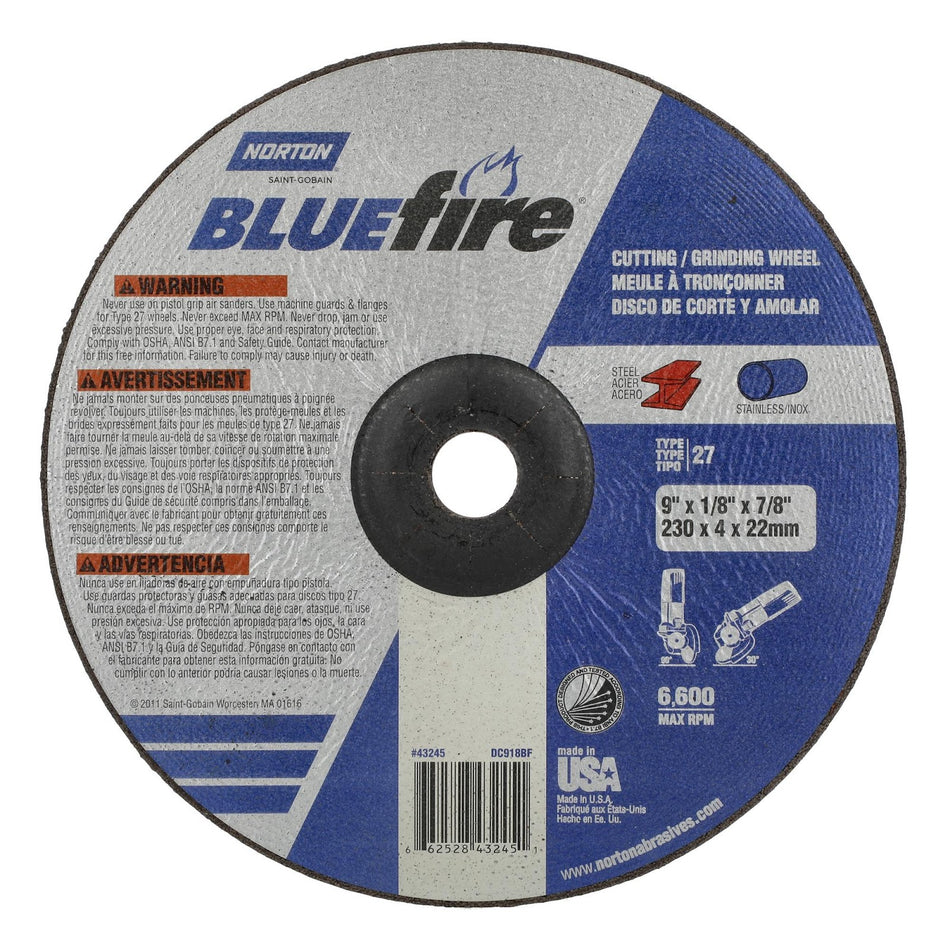 Norton 9 x 1/8 x 7/8 in BlueFire Type 27 Grinding Wheel ZA 30 Grit U, 20-Pack