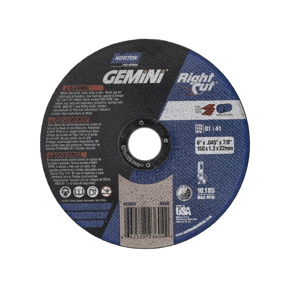 Norton 6 x 0.045 x 7/8 in Gemini Type 41 Cut-Off Wheel AO 36 Grit Q, 25-Pack