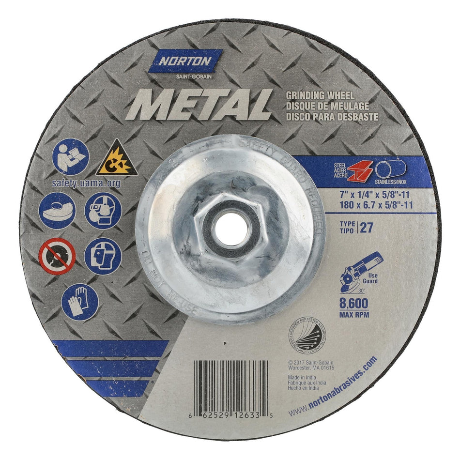 Norton 7 x 1/4 x 5/8-11 In. Metal Grinding Wheel A 24 R B Type 27, 10-Pack