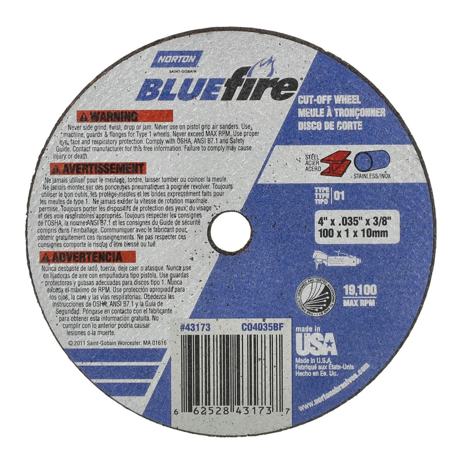 Norton 4 x 0.035 in BlueFire Type 41 Cut-Off Wheel ZA 46 Grit X, 25-Pack