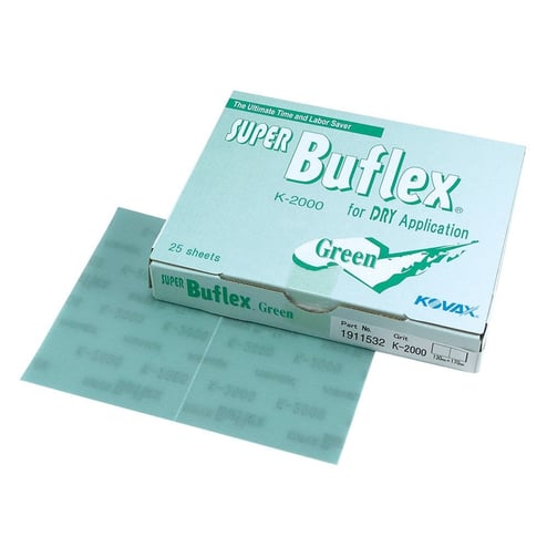 Super Buflex K-2000 green sandpaper sheets with packaging on a white background