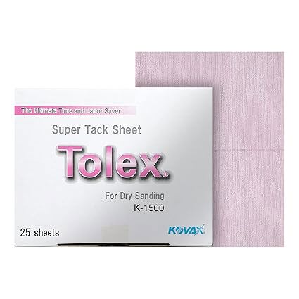 Tolex super tack sheet packaging with a pink sanding sheet on a white background