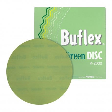 Green sanding disc with Buflex packaging on a white background